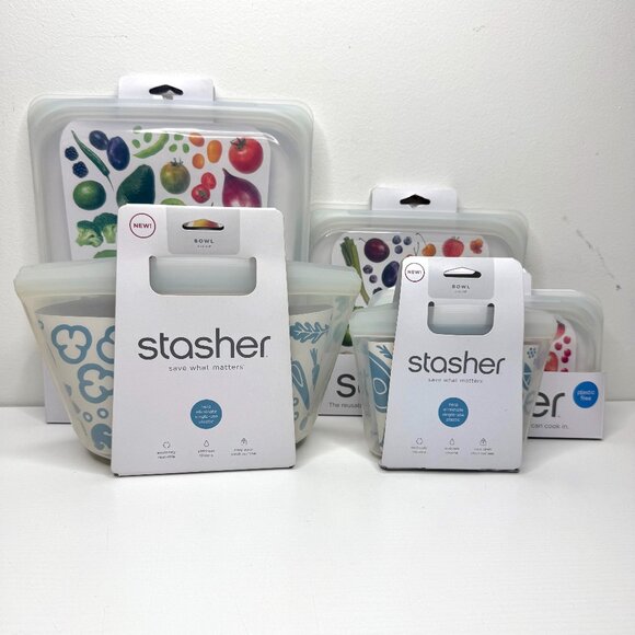 Lot of 5 Stasher Resuable Clear Travel Silicone Plastic Free Food Storage Bags - Picture 1 of 3